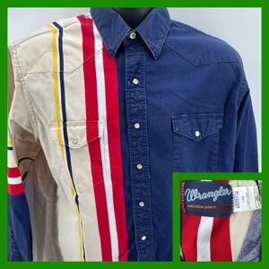 Vintage Wrangler Western Shirt Men's L/G Color Block Stripe Pearl‎ Snap Button